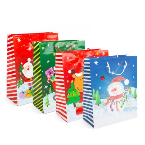 Karácsonyi ajándéktasak - papír - 265 x 127 x 330 mm - 4 féle / csomag - 12 db / csomag