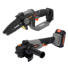   STHOR akkumlátoros sarokcsiszoló 125 mm 20V 2Ah + STHOR akkus láncfűrész 150 mm 20V