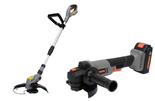 STHOR akkus szegélynyíró 20V (akku és töltő nélkül) + STHOR akkumlátoros sarokcsiszoló 125 mm 20V 2Ah (akku + töltő)