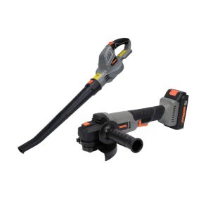   STHOR akkumlátoros lombfúvó 20V (akku és töltő nélkül) + STHOR akkumlátoros sarokcsiszoló 125 mm 20V 2Ah (akku + töltő)