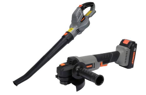 STHOR akkumlátoros lombfúvó 20V (akku és töltő nélkül) + STHOR akkumlátoros sarokcsiszoló 125 mm 20V 2Ah (akku + töltő)