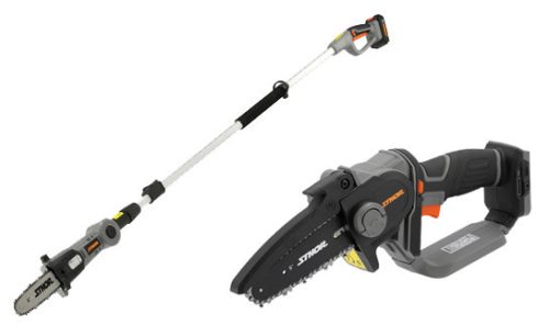 STHOR akkumlátoros magassági ágvágó 20 V (akku + töltő) + STHOR akkus láncfűrész 150 mm 20 V (akku + töltő nélkül)