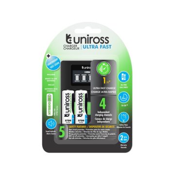   UNIROSS processzoros gyorstöltő + 4 db AA/ceruza akkumulátor 1,2 V 2700 mAh