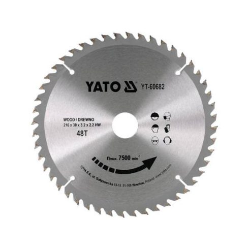 YATO 60682 Körfűrésztárcsa fához 216 x 30 mm T48 YT-60682