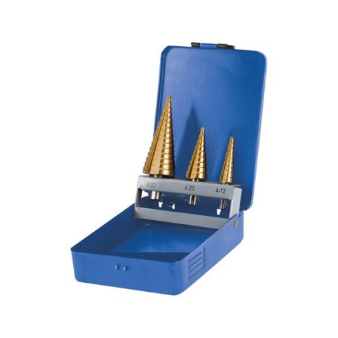 lépcsős fémfúró klt, 3db; (4-12mm/1mm lépcsők,4-20mm/2mm,4-32mm/2mm) befogás:10mm, max.4mm vastag anyagokhoz,TiN bevonat