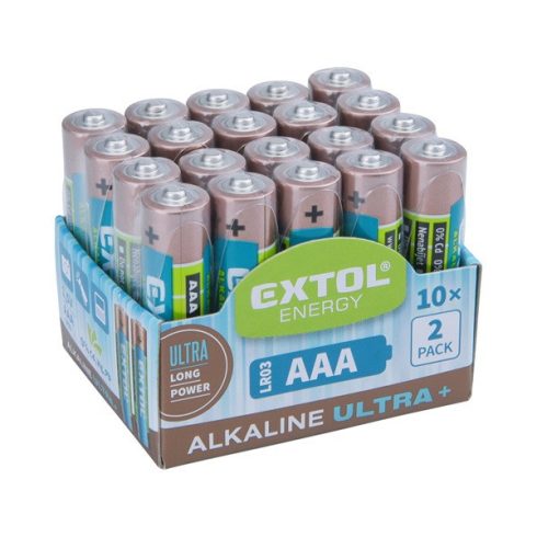 EXTOL elem klt. 20 db, alkáli, 1,5V, méret: AAA (LR03), hosszú étettartam, 10×2db-os kínálóban 42012