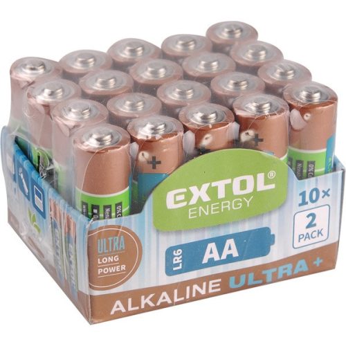 EXTOL elem klt. 20 db, alkáli, 1,5V, méret: AA (LR6), hosszú étettartam, 10×2db-os kinálóban 42013