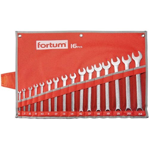 FORTUM csillag-villás kulcs klt. 16db, 6-24mm 61CrV5, mattkróm; 6-7-8-9-10-11-12-13-147-16-17-18-19-21-22-24mm, vászon tok 4730201