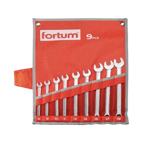 FORTUM csillag-villás kulcs klt. 9db, 6-19mm 61CrV5, mattkróm; 6-8-10-11-13-14-16-17-19mm, vászon tok 4730202