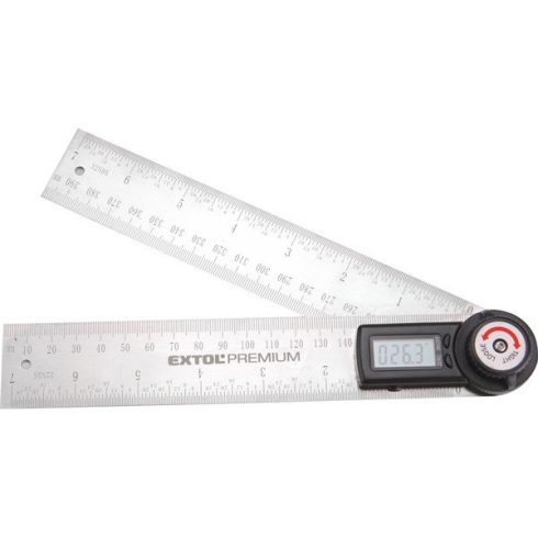 EXTOL digitális szögmérő-vonalzó, szög- és hosszmérésre, 0-360°, pontosság: š0,3°, 2×200 mm Inox szár mm és coll beosztással 8823510