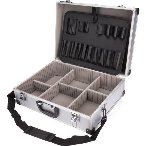 EXTOL szerszámostáska (koffer) alumínium 460×330×155 mm, ezüst színű, hordszíjjal 9703