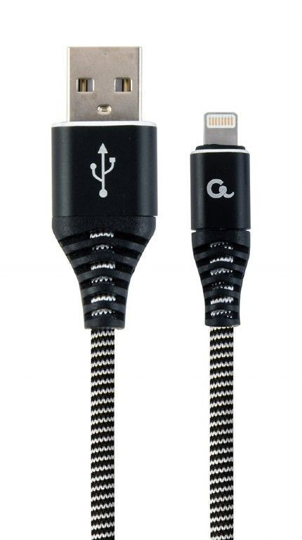 Image of Gembird CC-USB2B-AMLM-1M-BW Premium cotton braided 8-pin cable charging and data cable 1m Black/White