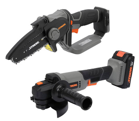 Image of STHOR akkumlátoros sarokcsiszoló 125 mm 20V 2Ah + STHOR akkus láncfűrész 150 mm 20V